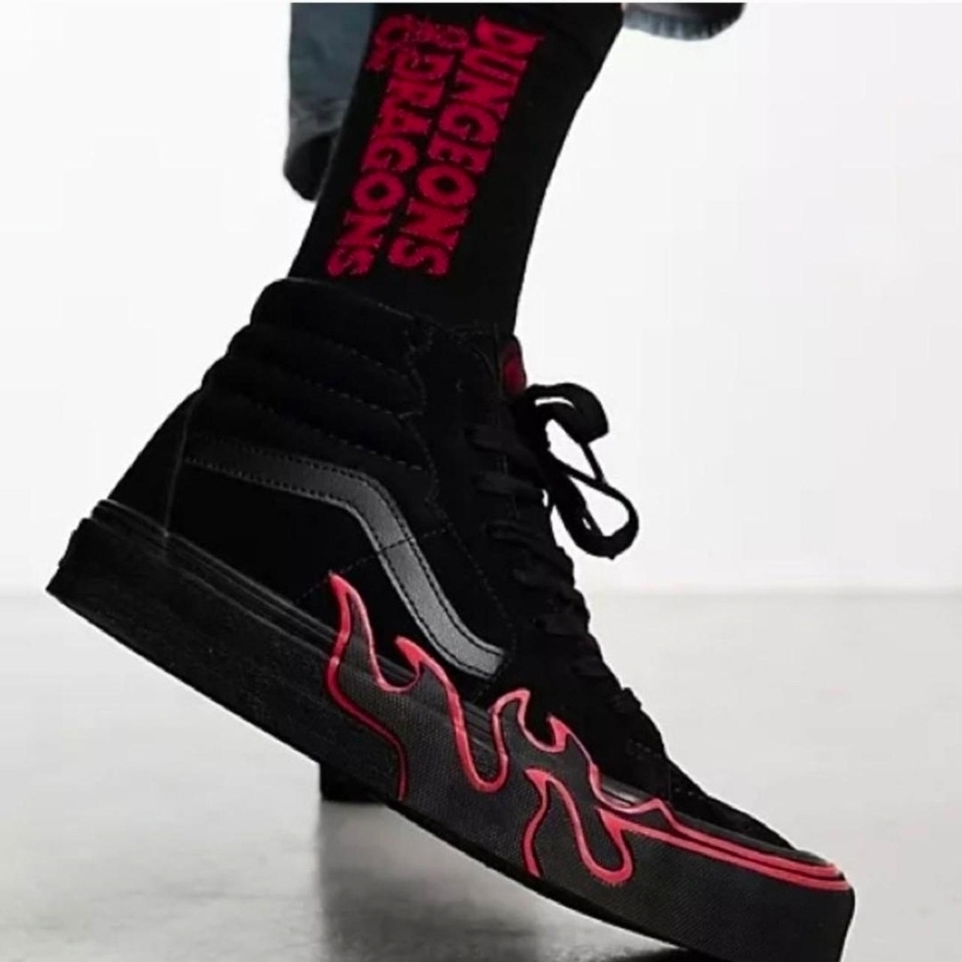 Vans Sk8 Hi Suede High Top Skate Shoes Mens Size 6 Womens 7.5 Black Red Flames